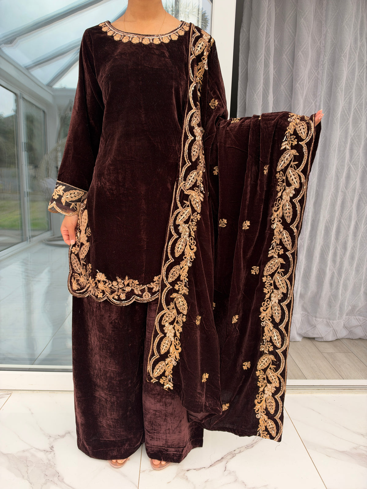 AIMA BROWN - Embroidered micro velvet kameez with plazo and velvet shawl