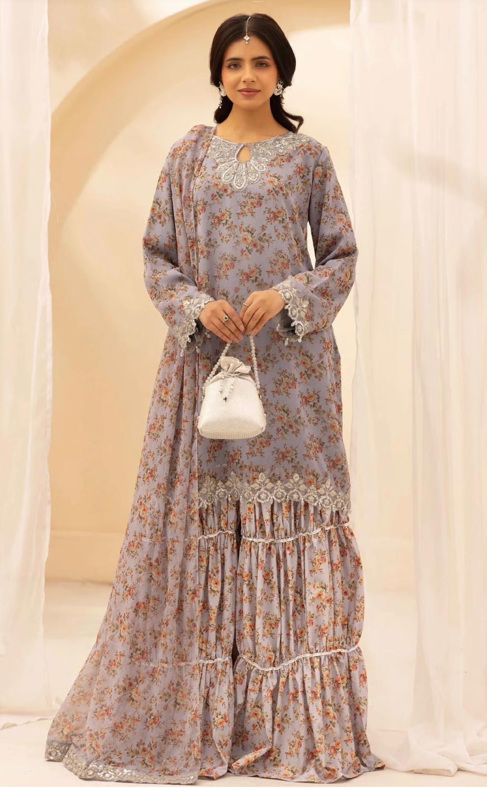 BAROQUE LUX - Embroidered and printed chiffon tiered gharara
