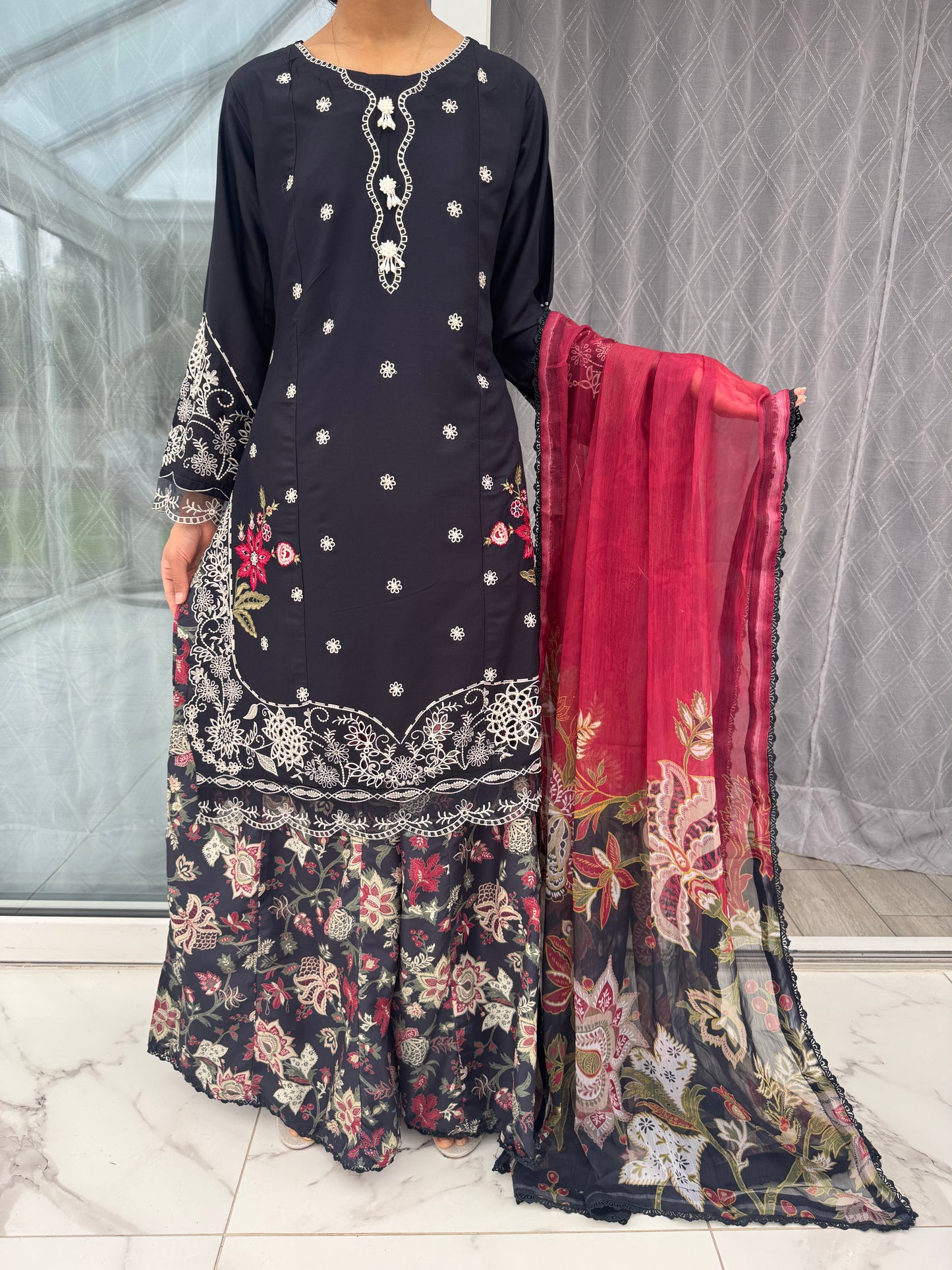 AMNA - EMBROIDERED LINEN KAMEEZ WITH SHARARA DARK NAVY