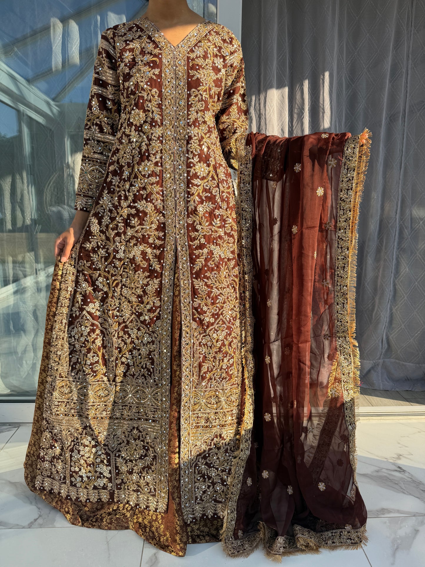 JAHAN BROWN - Embroidered chiffon kameez with brocade lengha