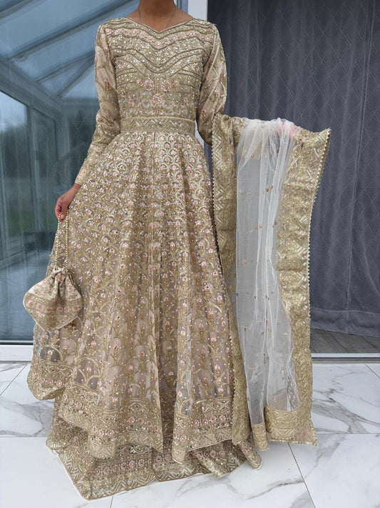 SIYANA - Embroidered net maxi dress with lengha skirt