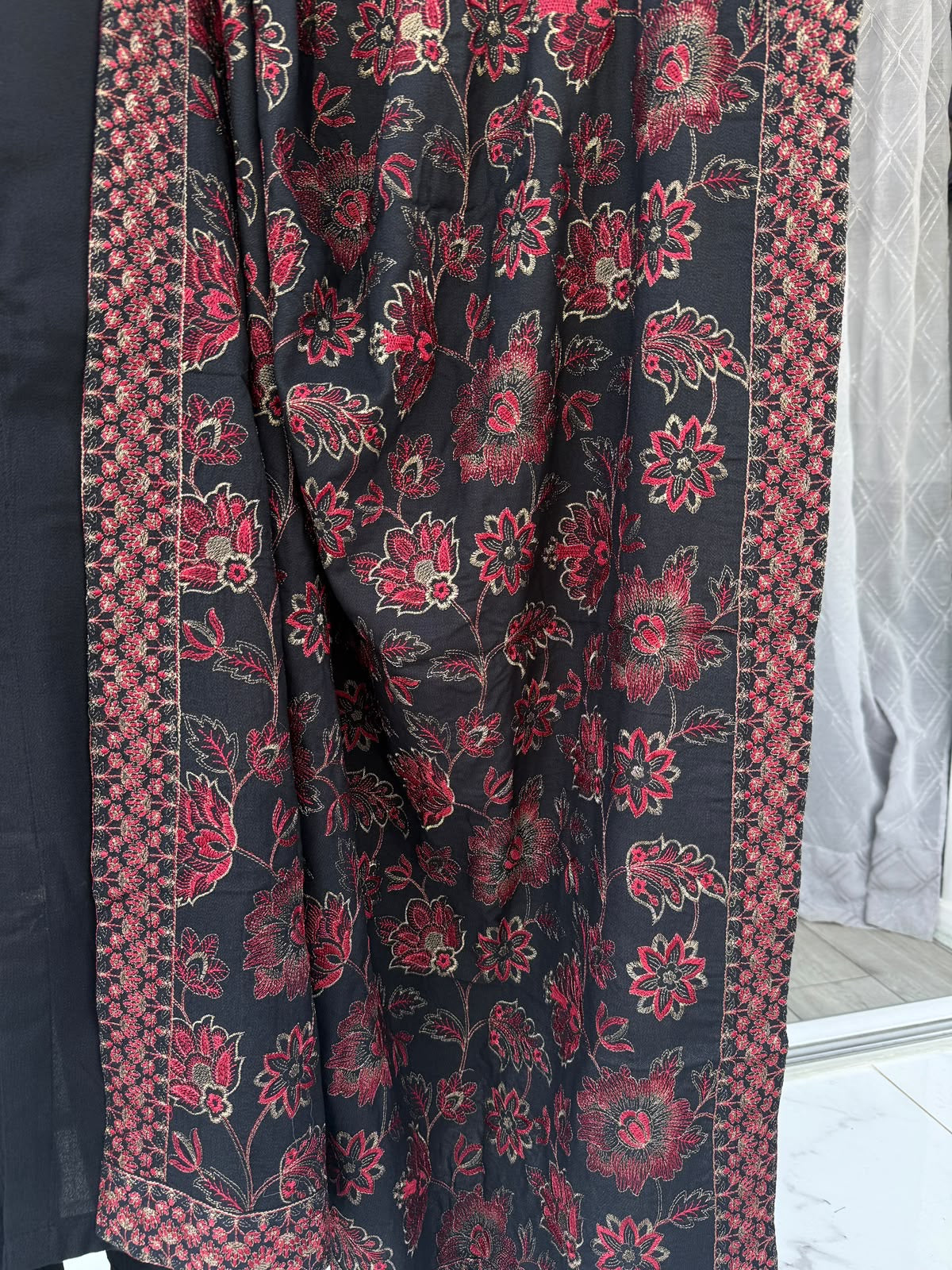 MAHAM BLACK- Embellished Dhanak kameez with embroidered Kashmiri shawl and straight trousers