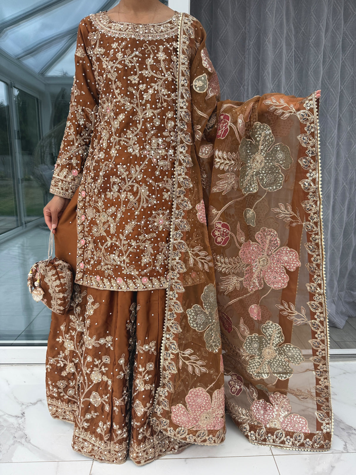 KHAANI CARAMEL BROWN - Embroidered luxury silk kameez with Sharara