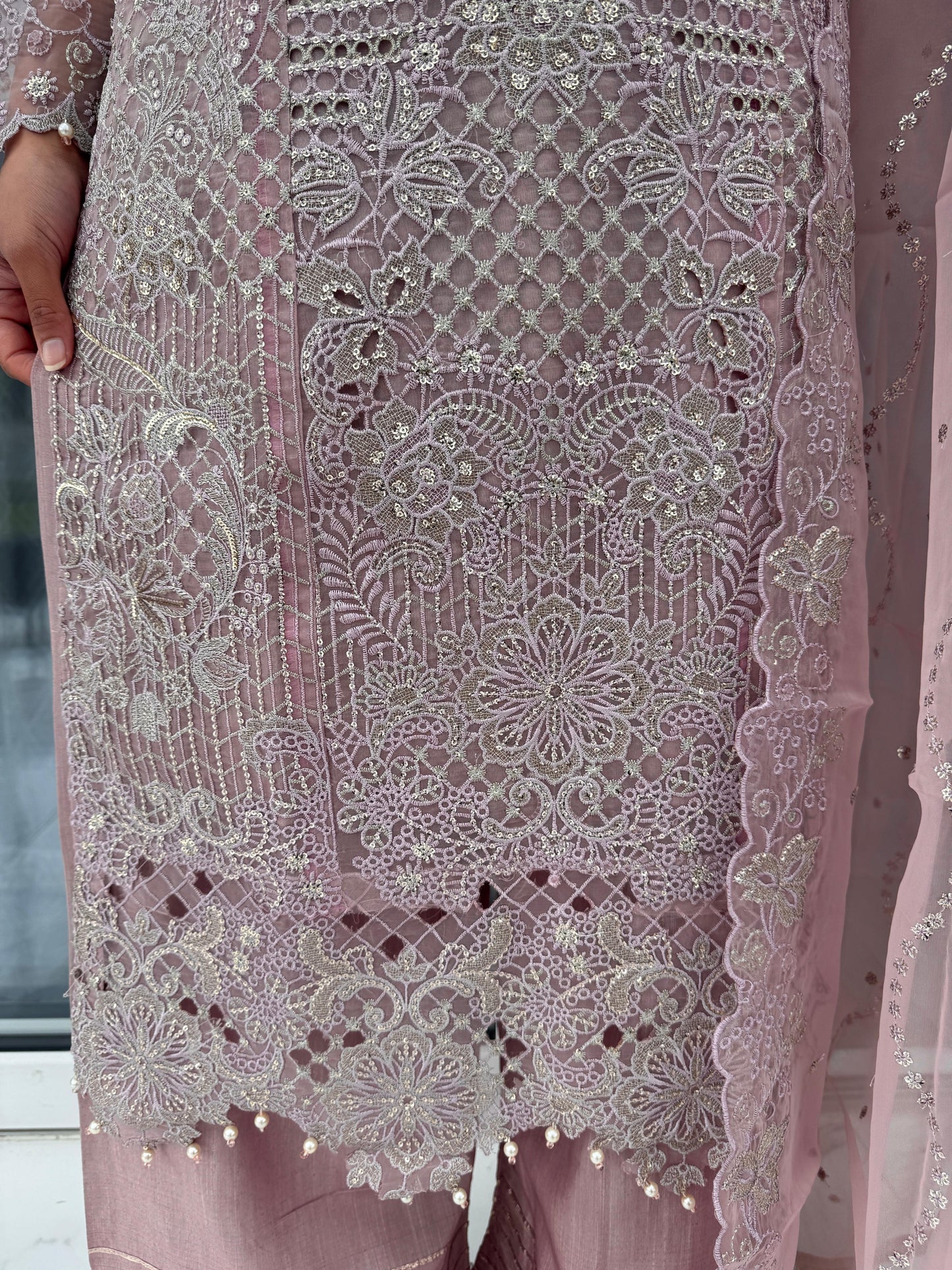 AYLA - Embroidered organza readymade outfit with cutwork, plazo and dupatta