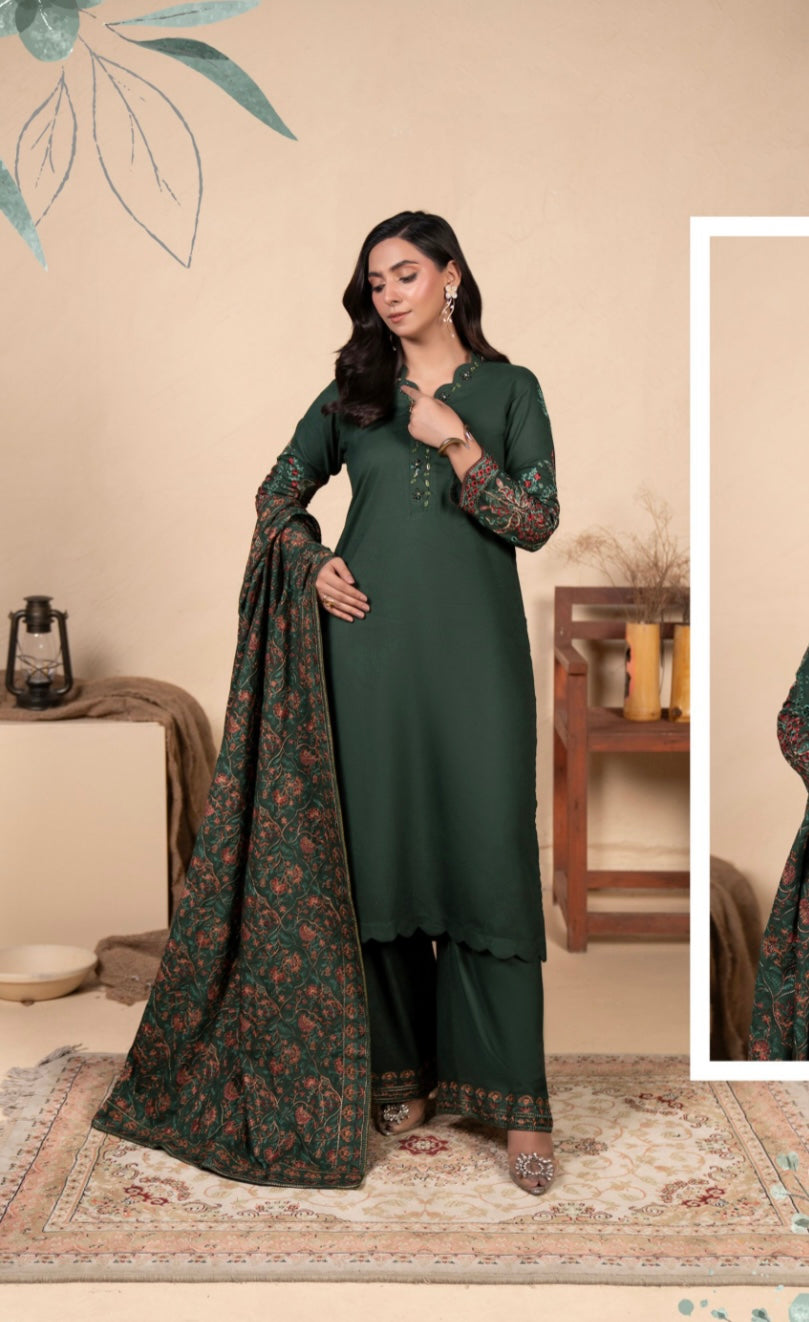 MAHAM GREEN - Embellished Dhanak kameez with embroidered Kashmiri shawl and plazo