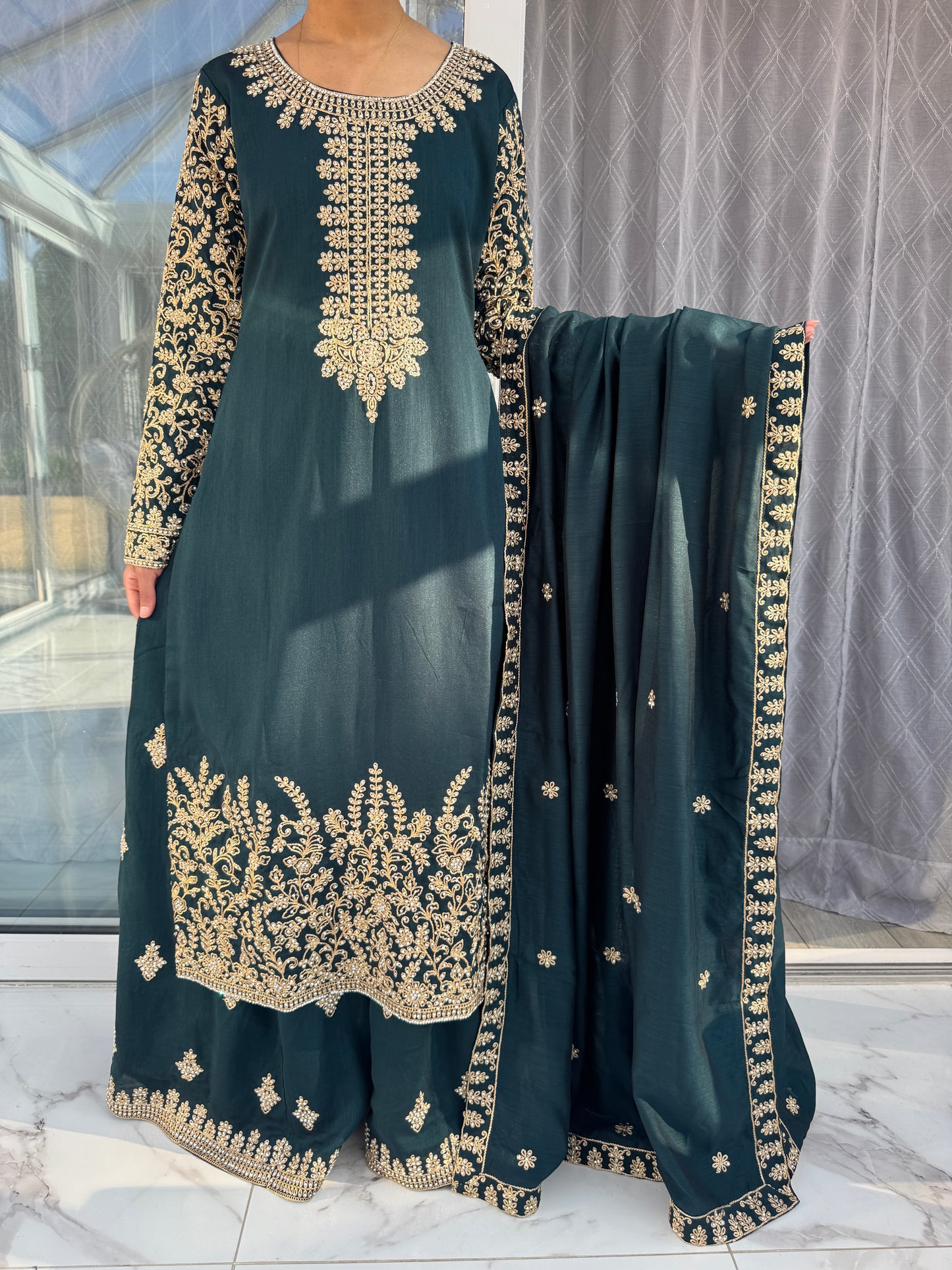 YASMIN GREEN - Embroidered raw silk kameez and sharara with diamanté