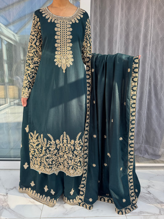 YASMIN GREEN - Embroidered raw silk kameez and sharara with diamanté