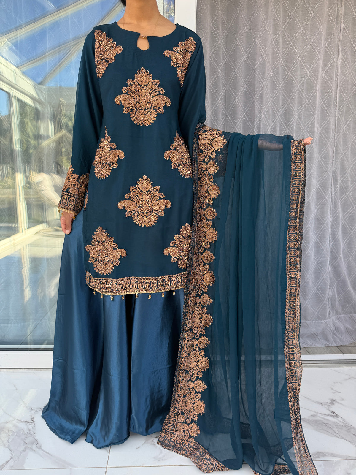 HASEENA TEAL - Embroidered chiffon kameez with diamante & silk sharara