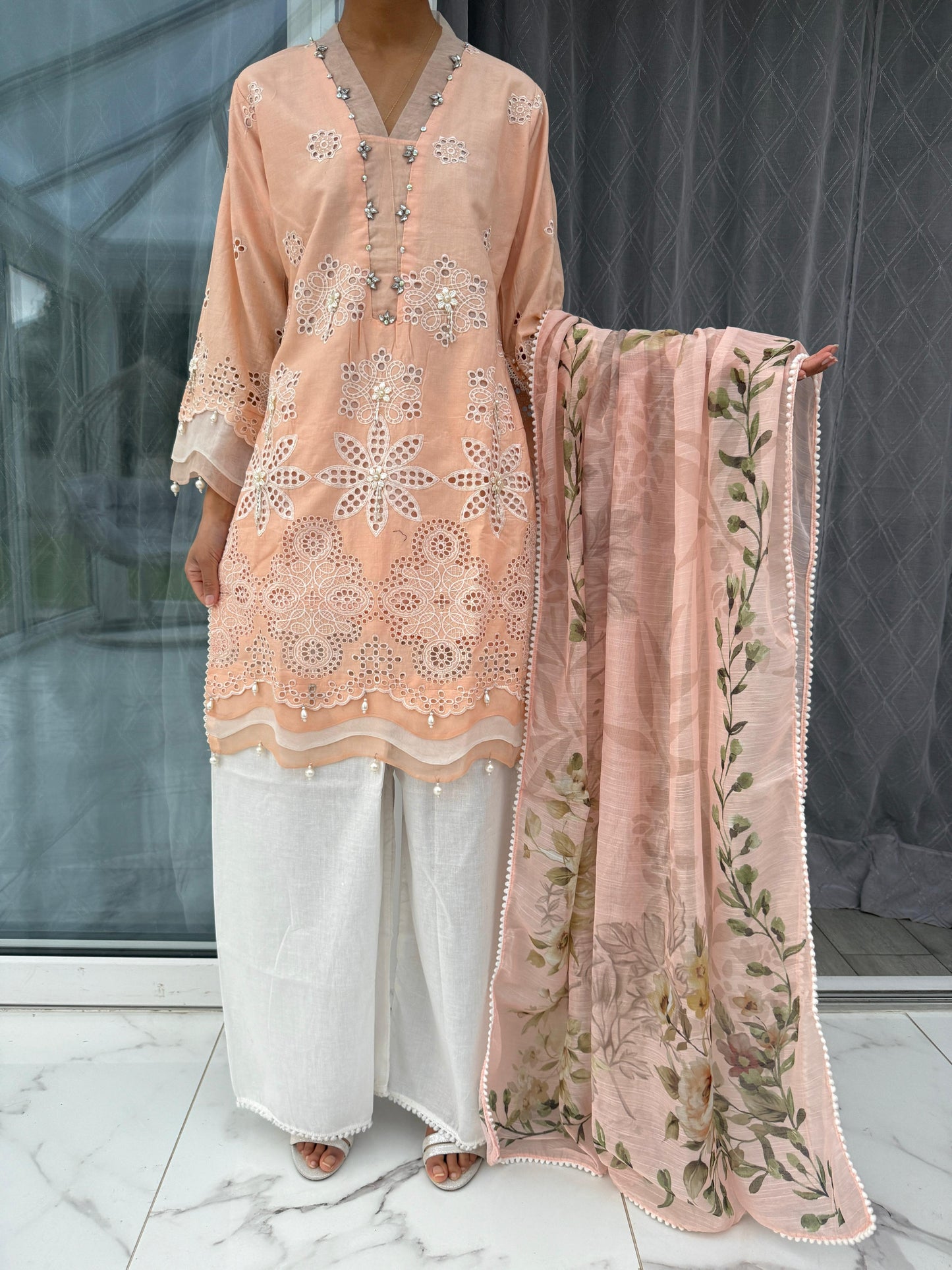 AINA - Embroidered soft cotton kameez with floral printed Sharara