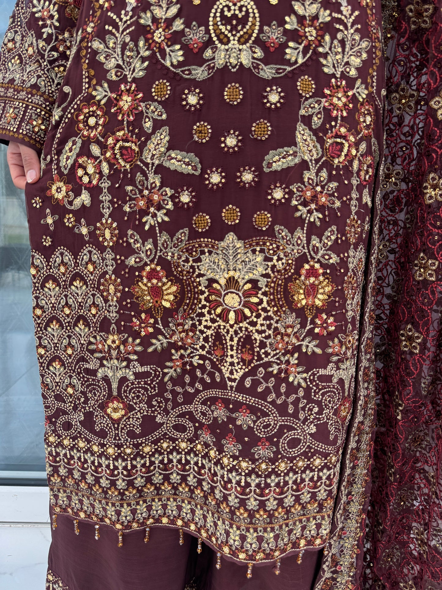 FALAQ - Embroidered Chiffon kameez with plazo brown