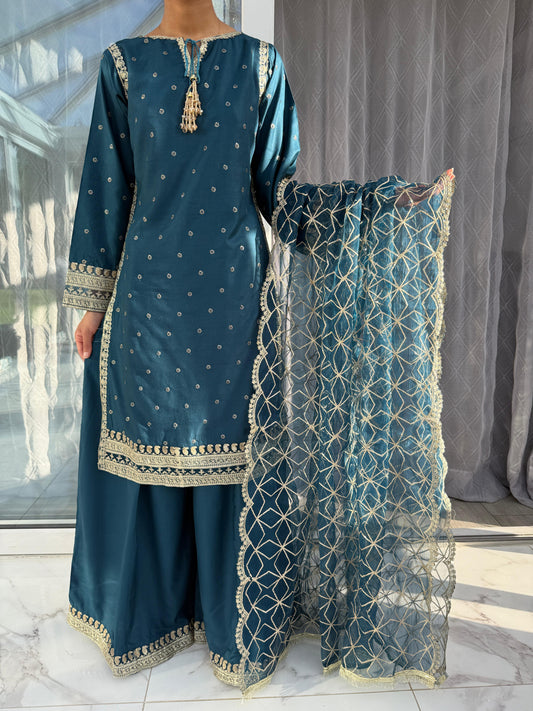 CELINE TEAL - Embroidered summer linen kameez with kali Sharara