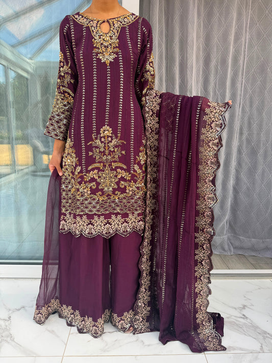 HOORIA - Embroidered chiffon kameez with Sharara