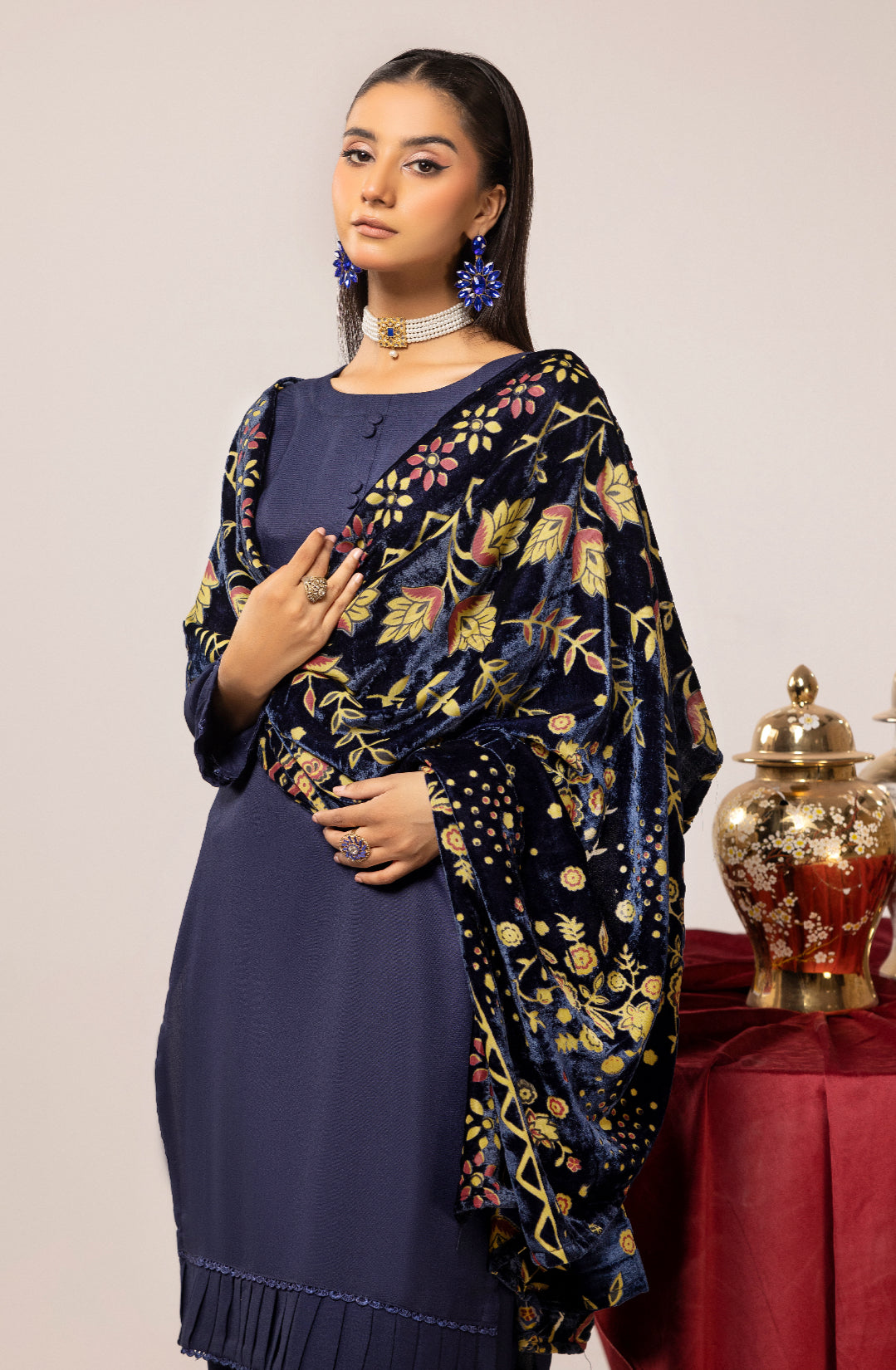 ZOYA NAVY BLUE - DHANAK WITH PLACHI SHAWL