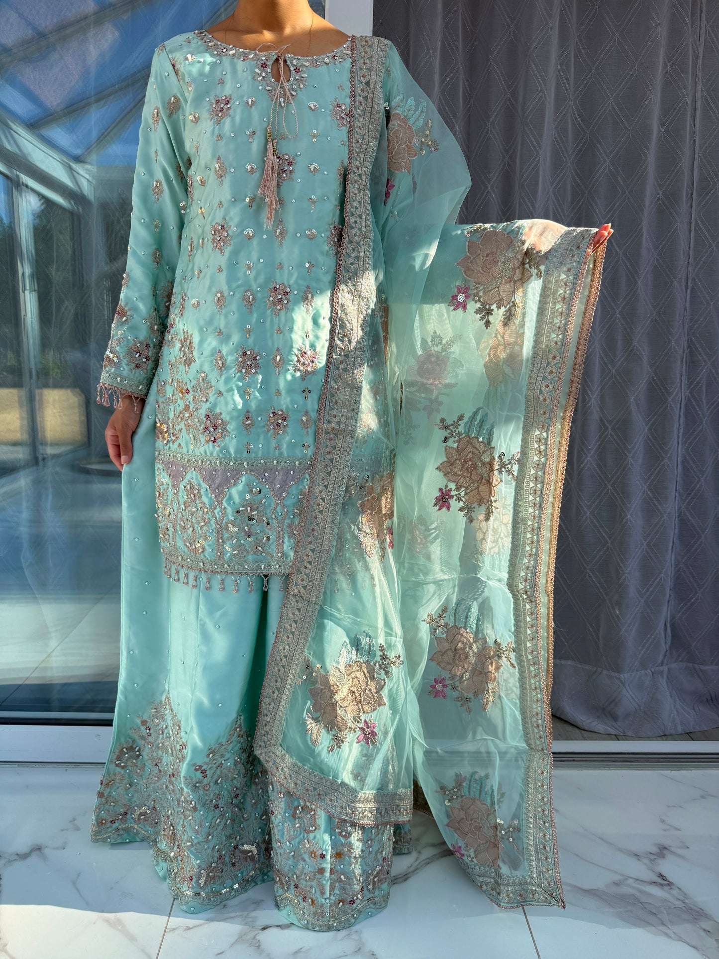 SAMAN - Embroidered silk kameez with sharara and dupatta