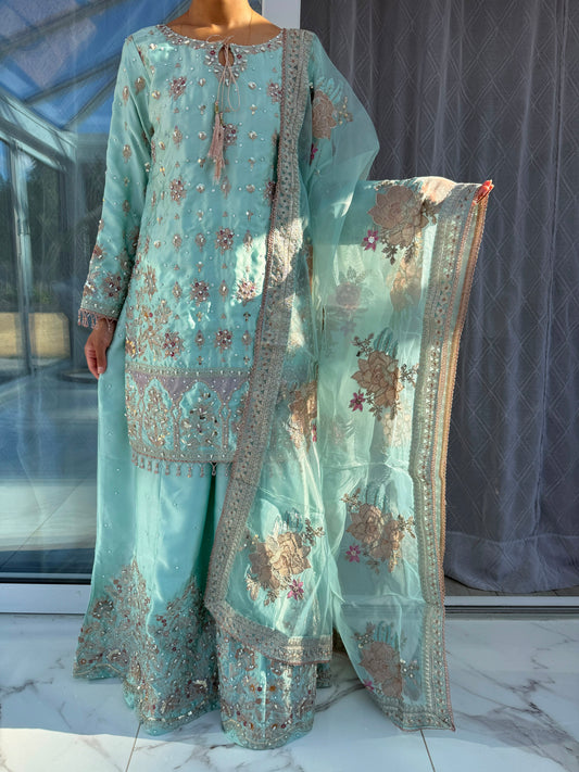 SAMAN - Embroidered silk kameez with sharara and dupatta