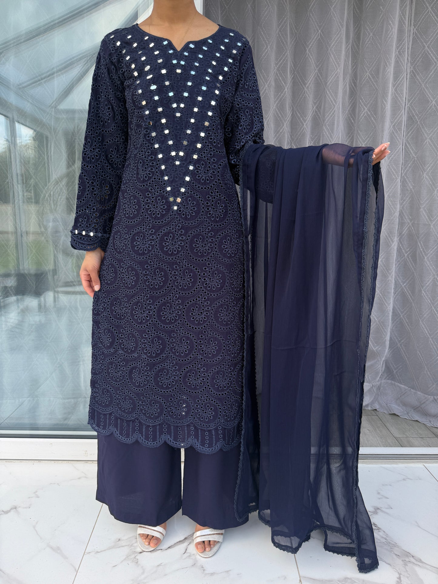 FAYZA - EMBROIDERED LINEN CHIKAN KARI KAMEEZ WITH PLAZO NAVY BLUE