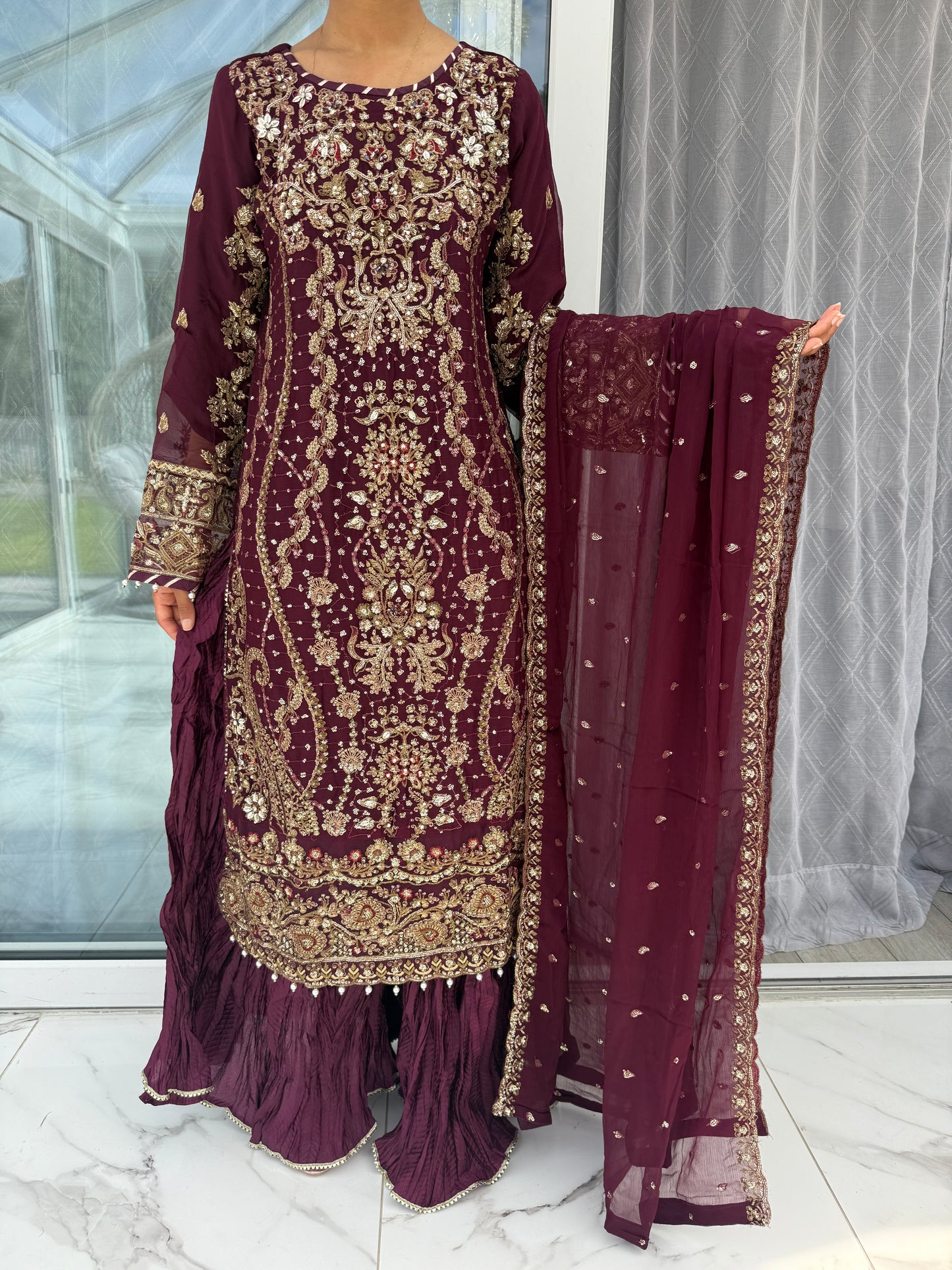 QAMAR PLUM - Embroidered chiffon kameez with crushed sharara