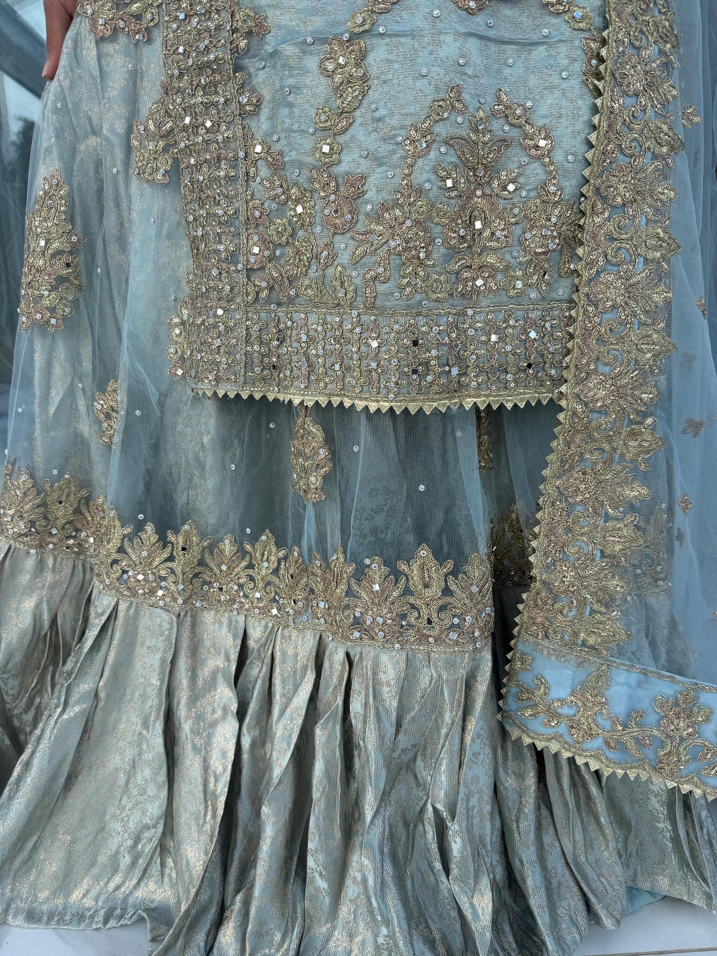 DUNIYA - Embroidered net kameez and lengha with brocade lining