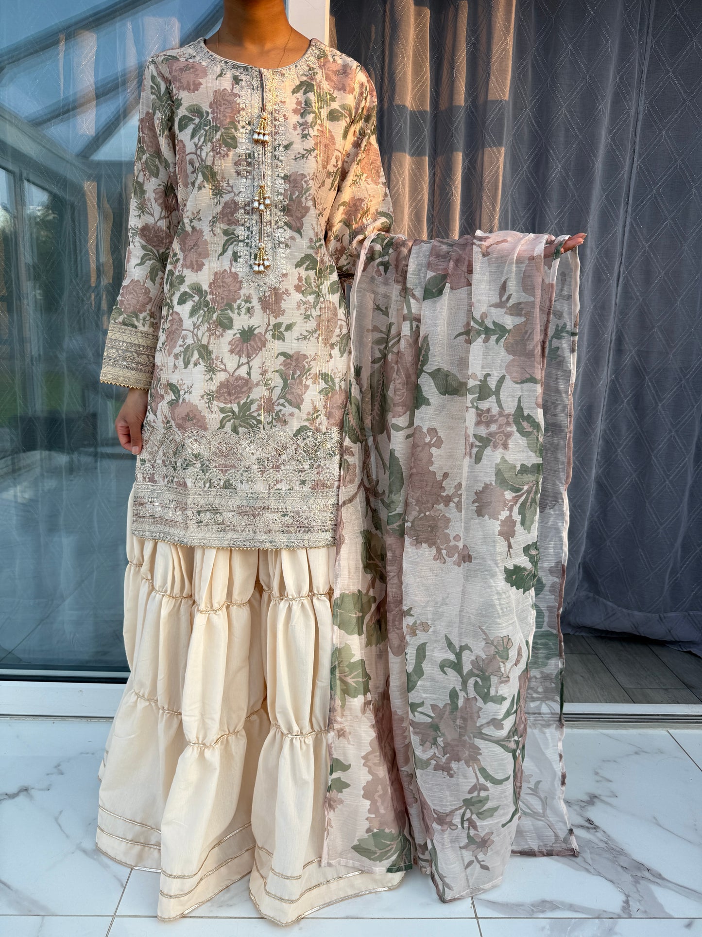 AYNAZ - Printed and embroidered monar kameez with tiered gharara (mocha flowers)