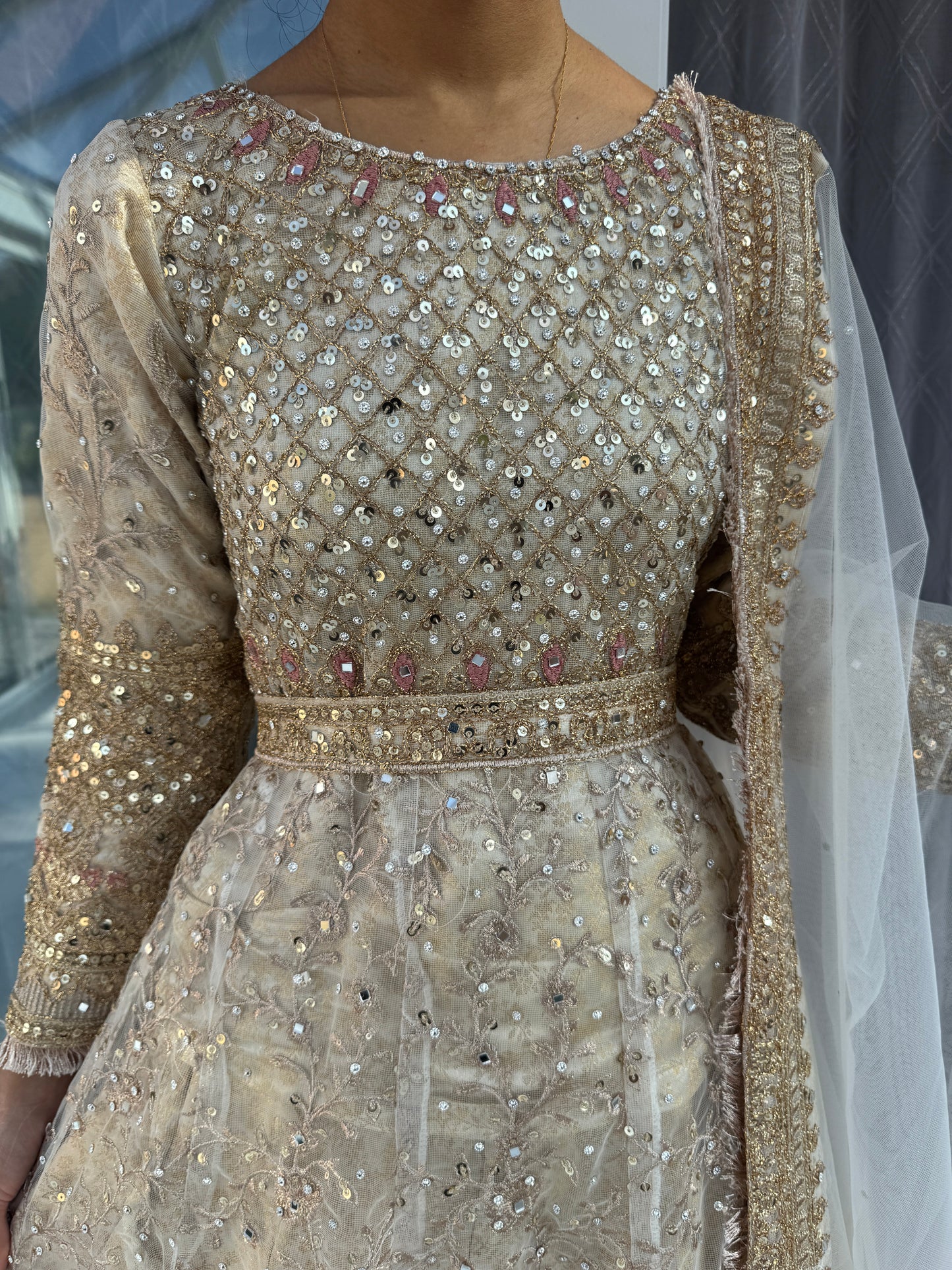 DIYANA - Embroidered net maxi dress with lengha skirt