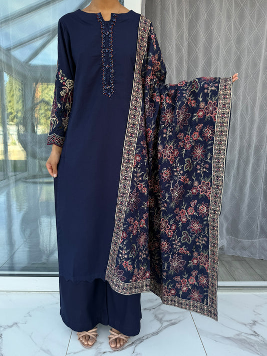 MAHAM NAVY BLUE - Embellished Dhanak kameez with embroidered Kashmiri shawl and plazo