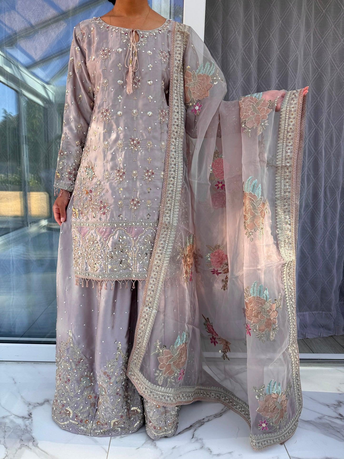 SAMAN - Embroidered silk kameez with sharara and duppatta