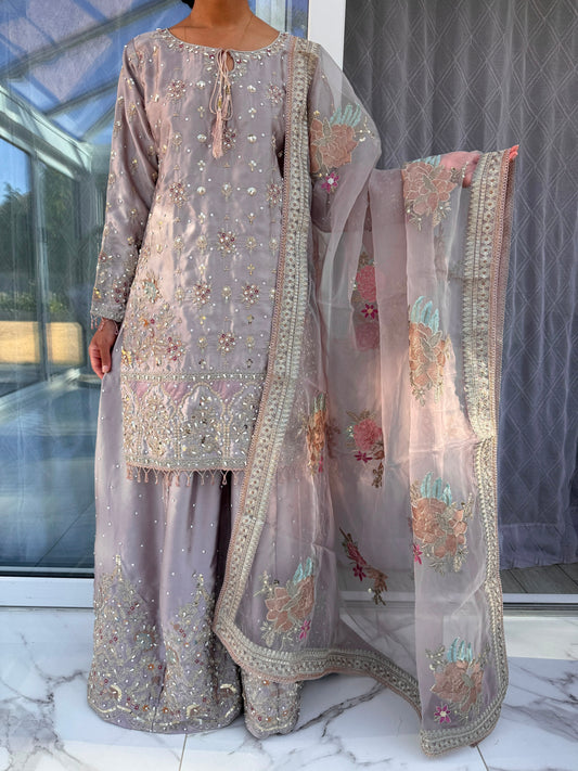 SAMAN - Embroidered silk kameez with sharara and duppatta
