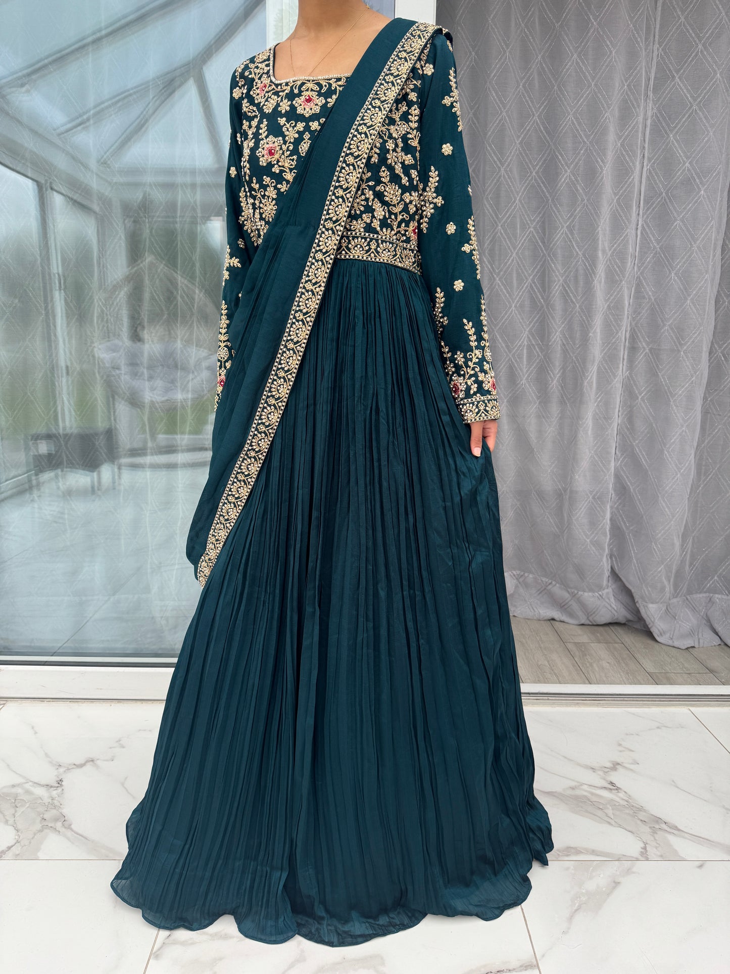 PRIYA - Embroidered saree style draped maxi dress with stonework