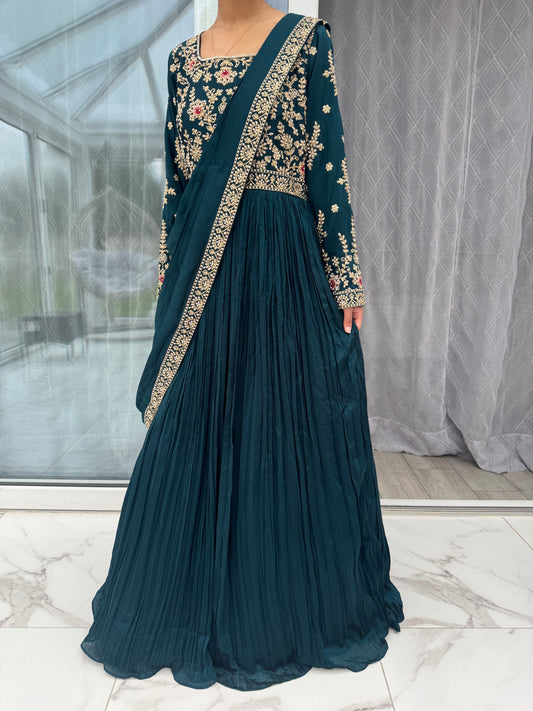 PRIYA - Embroidered saree style draped maxi dress with stonework