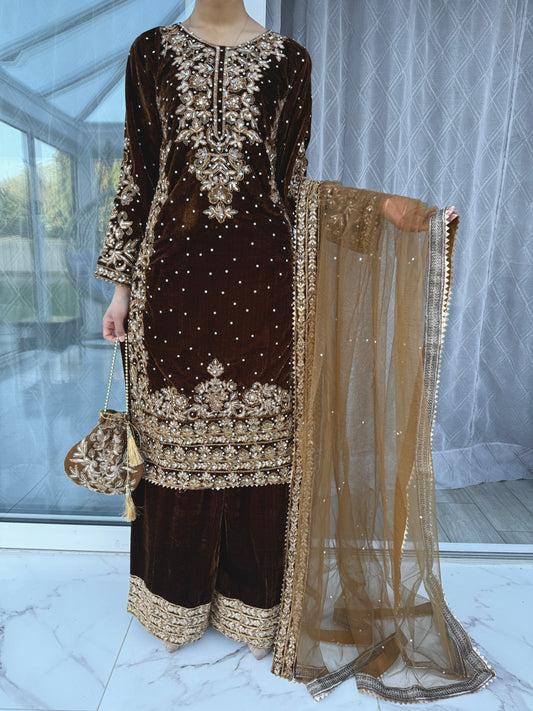 JANAAN VELVET BROWN - Embroidered velvet readymade party outfit