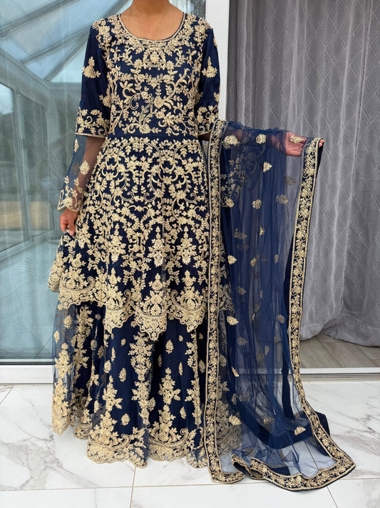 MAHNOOR NAVY BLUE - Embroidered net peplum dress with Sharara