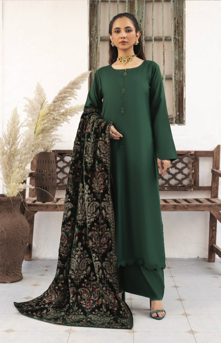 JAAN B GREEN - SIMRANS DHANAK WITH EMBROIDERED VELVET SHAWL COLLECTION