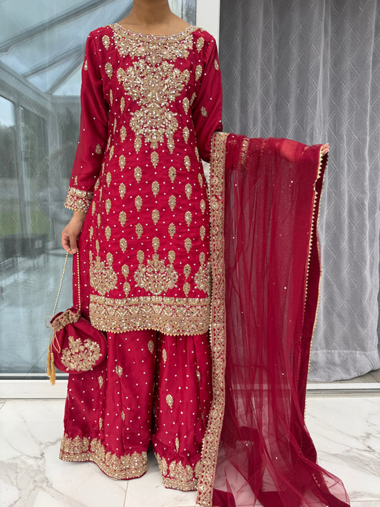 ESHAAL - Embroidered silk kameez with sharara