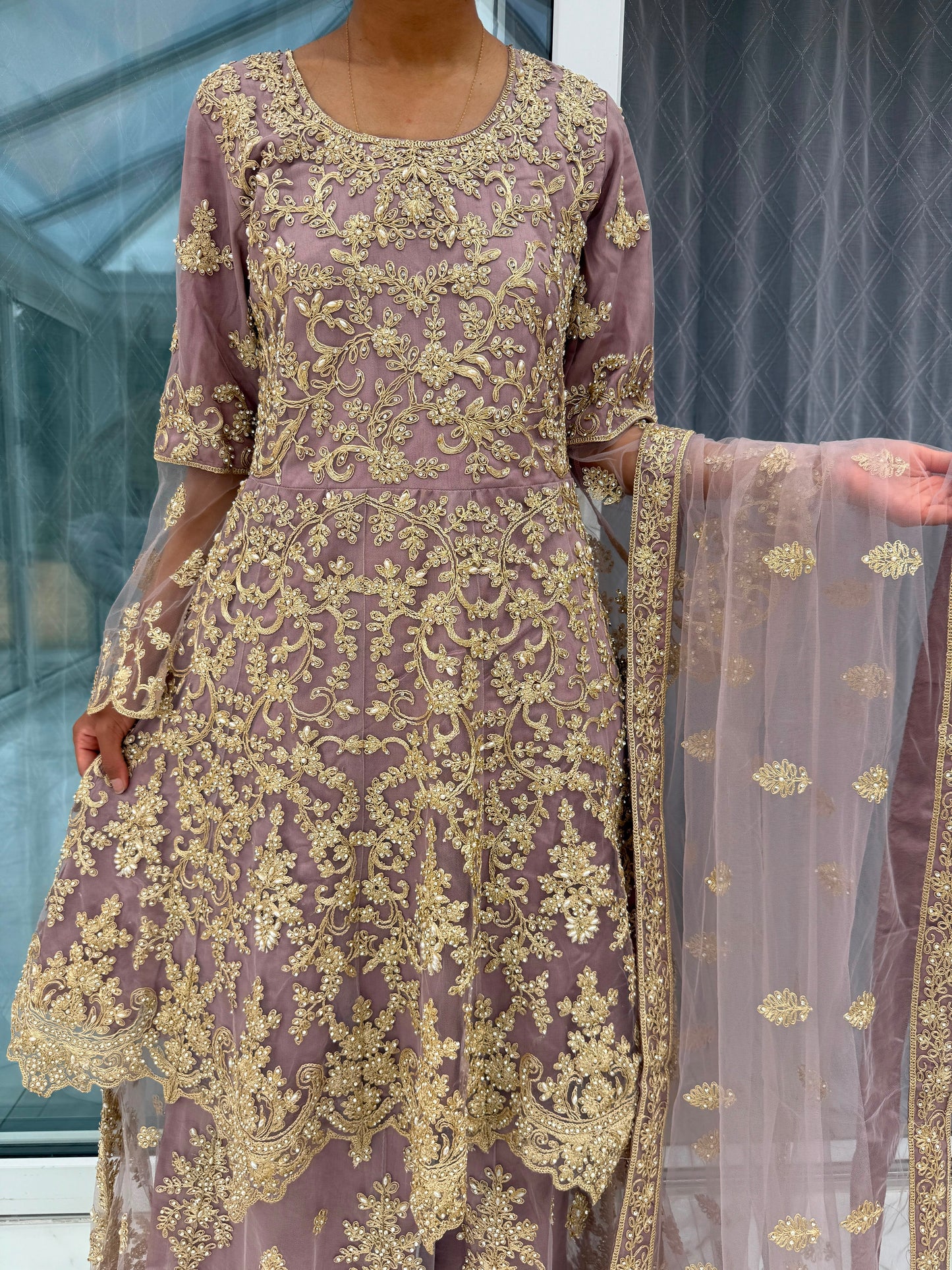 MAHNOOR - Embroidered net peplum dress with Sharara