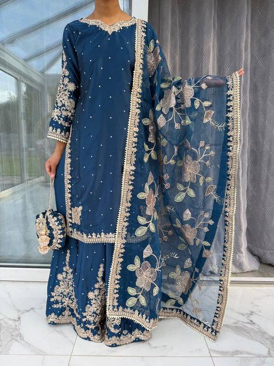 KASHISH - Embroidered silk kameez with Sharara
