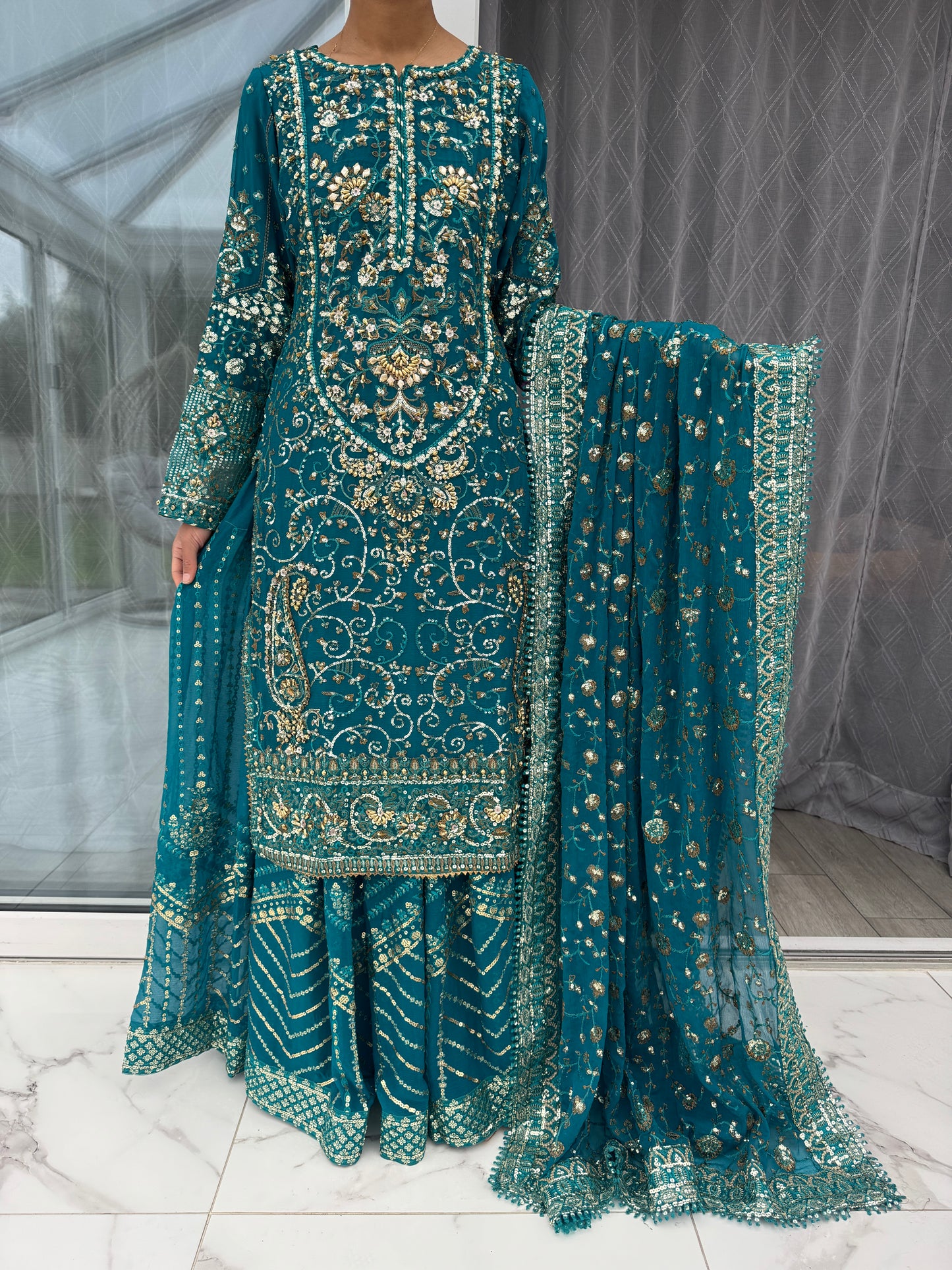 RAHAT - Embroidered chiffon kameez with chiffon sharara and dupatta