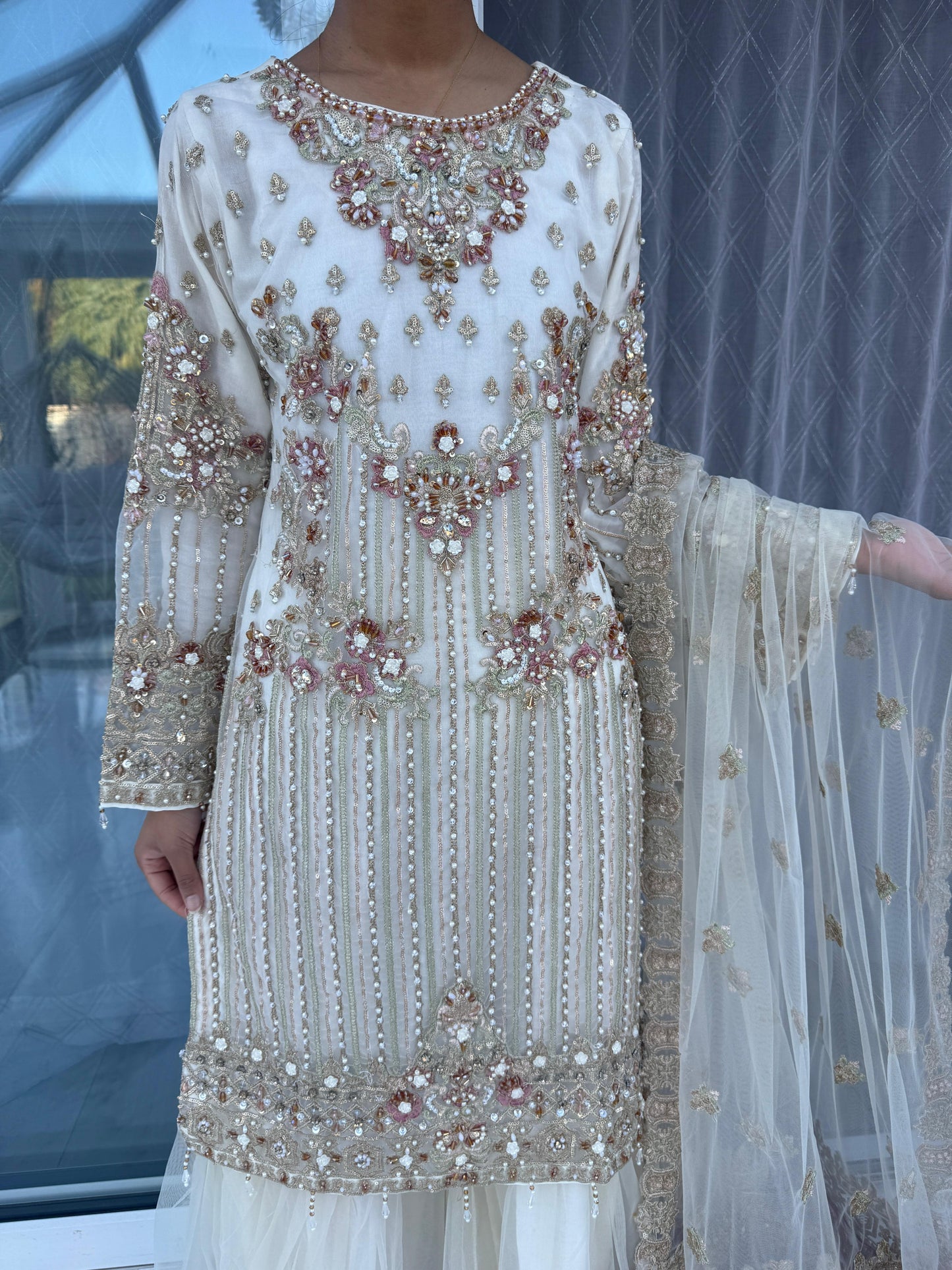 AMELIA - Embroidered Imrozia net kameez with Gharara