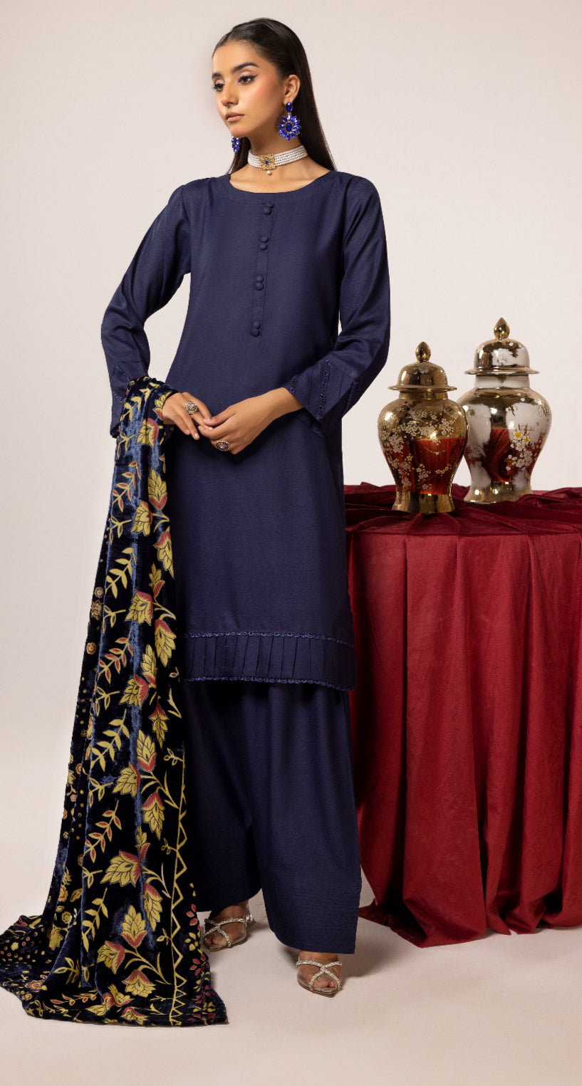 ZOYA NAVY BLUE - DHANAK WITH PLACHI SHAWL