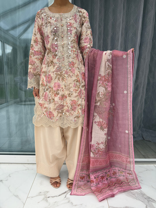 GULNAZ - Emroidered floral monar outfit with farshi shalwar (pink flower)