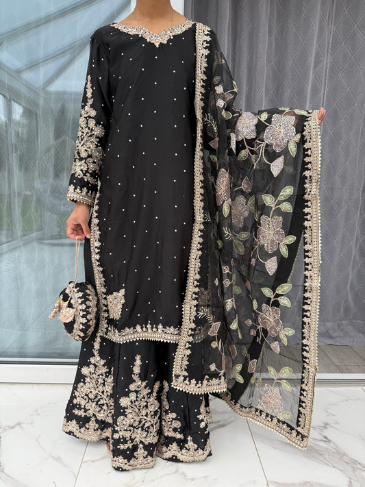 KASHISH BLACK - Embroidered silk kameez with sharara