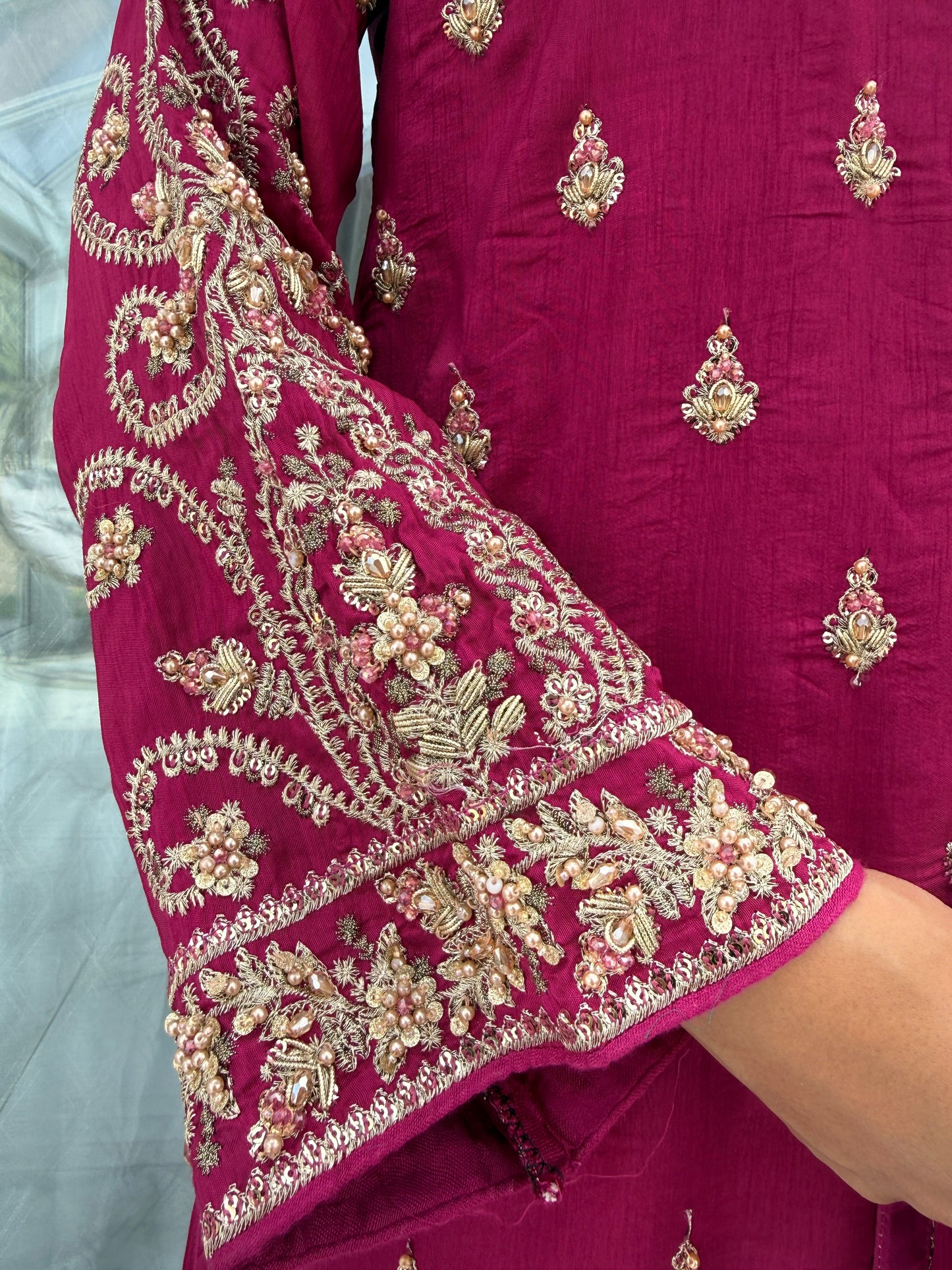 ADAH PINK - Handwork embellished pure silk kameez with plazo
