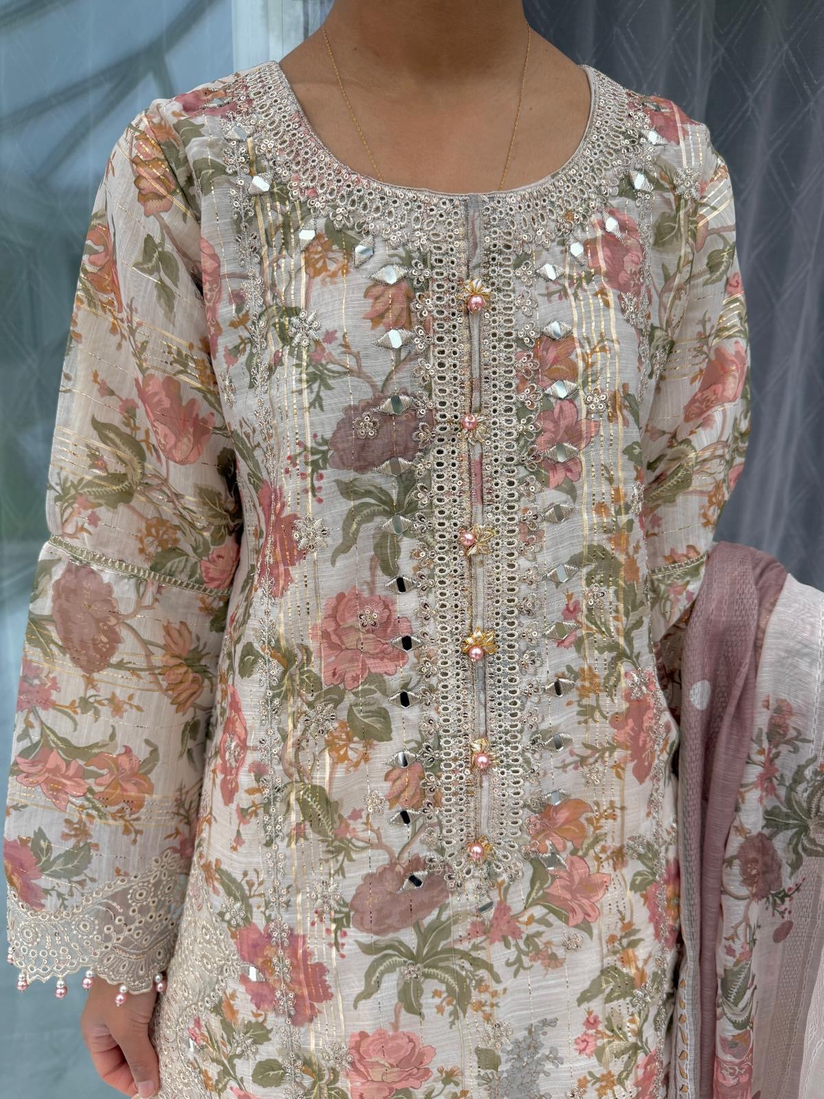 GULNAZ PEACH - Embroidered and floral printed monar outfit with plazo