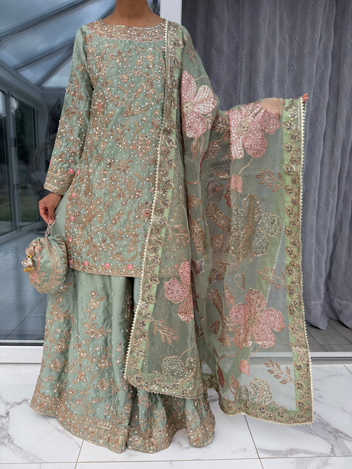 KHAANI SAGE GREEN - Embroidered luxury silk kameez with Sharara