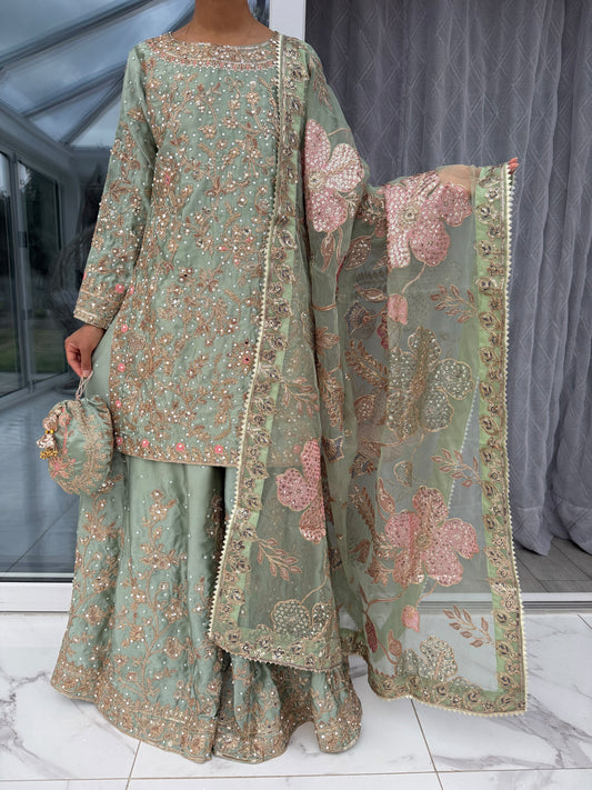 KHAANI SAGE GREEN - Embroidered luxury silk kameez with Sharara