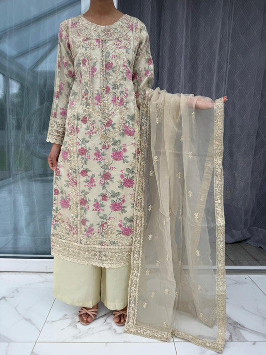 MARIYA CREAM - Embroidered organza kameez with floral printed silk lining