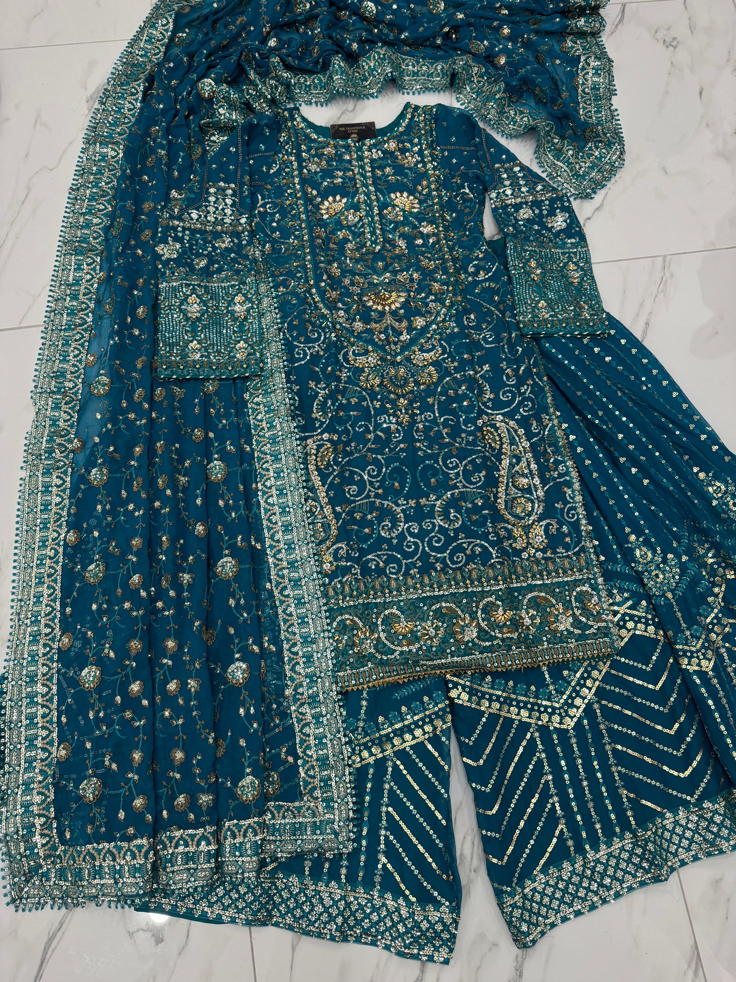 RAHAT - Embroidered chiffon kameez with chiffon sharara and dupatta