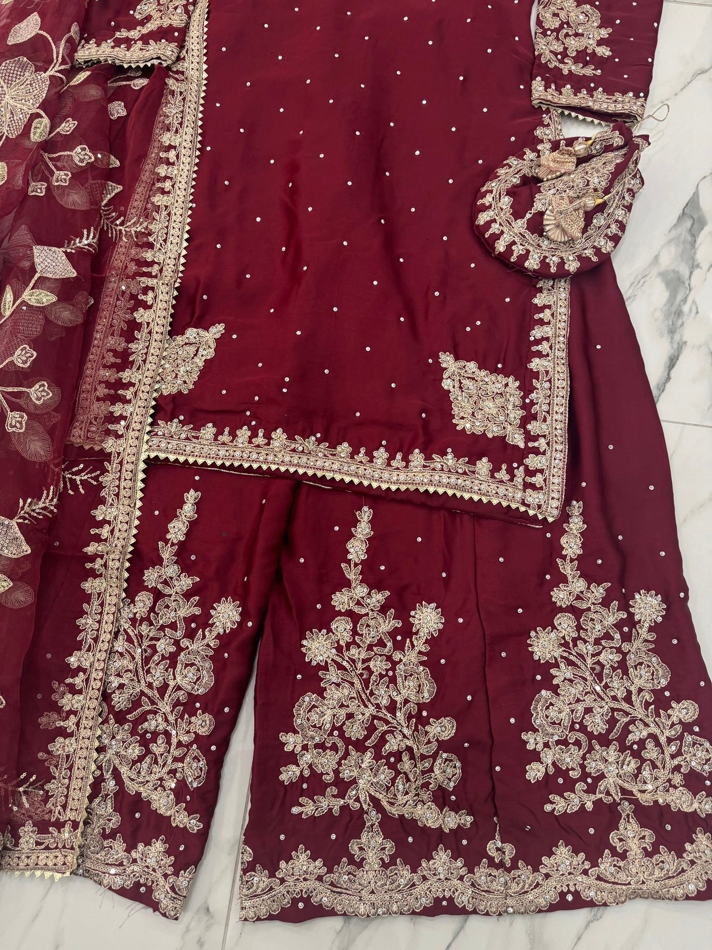 KASHISH MAROON - Embroidered silk kameez with sharara