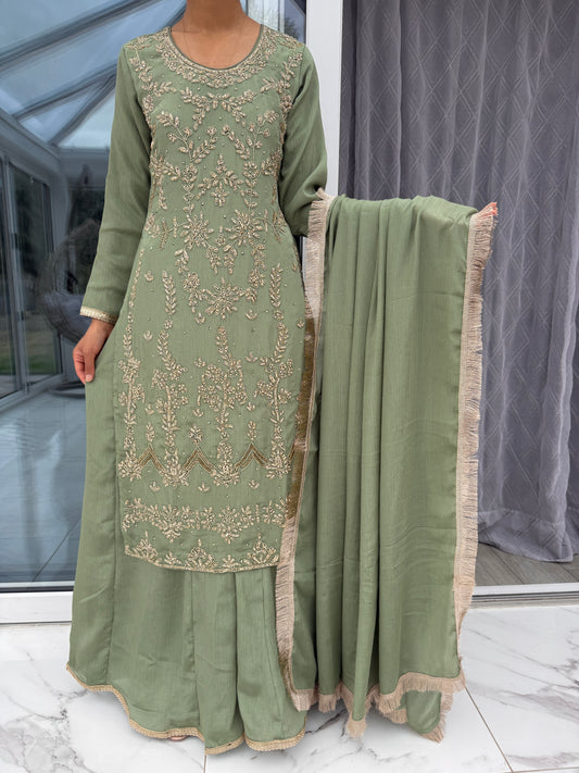 AMEERA - Embroidered raw silk kameez with diamanté & Sharara