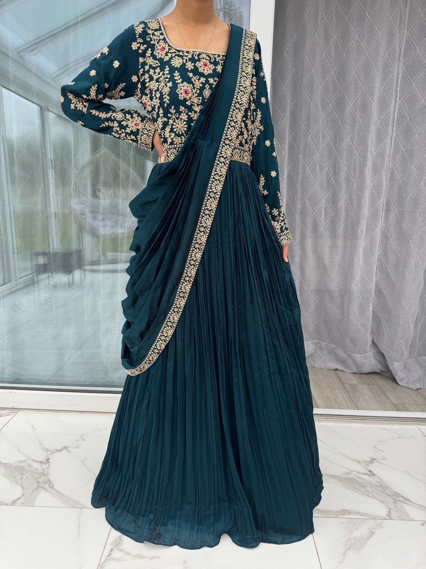 PRIYA - Embroidered saree style draped maxi dress with stonework