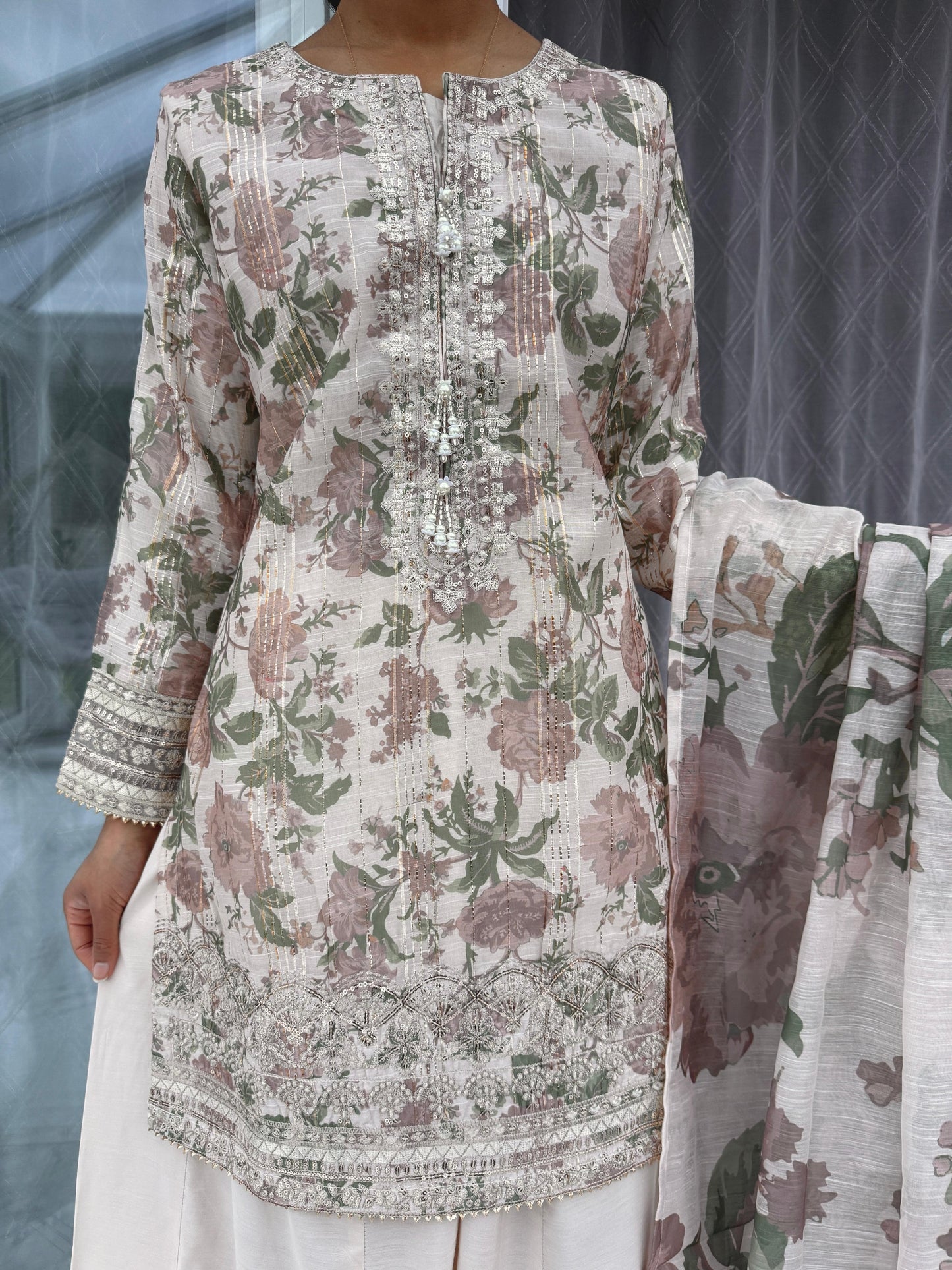 AYNAZ - Printed and embroidered monar kameez with kali sharara (mocha flowers)